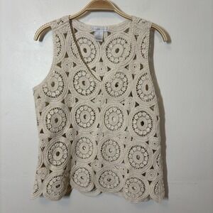 Women's Crochet Tank Top Cream Boho Knit Sleeveless M Cotton Design History